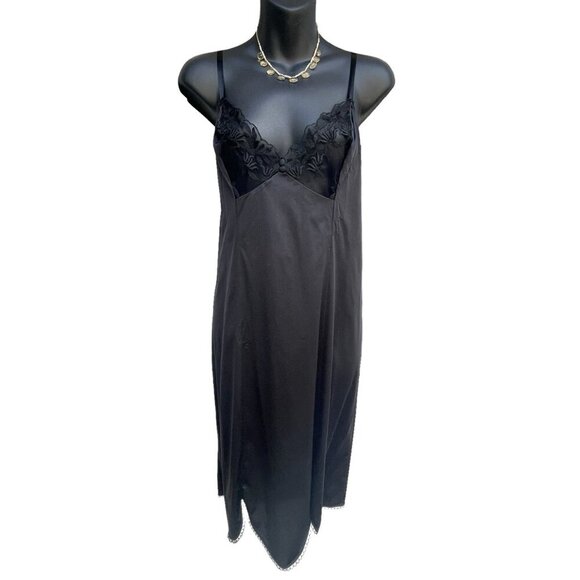 VTG 80s Vanity Fair Full Slip Dress Floral Sheer Bodice Silky Black Women’s 36 - Picture 2 of 10